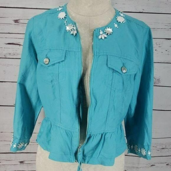 Ruby Rd Women's Blue Beaded Half Peplum Zip Up‎ Rayon Linen Jacket Size 8 - Picture 7 of 7